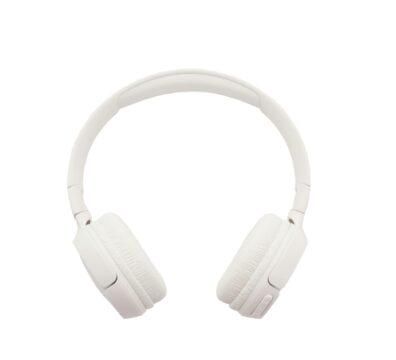 Minimalist white wireless headphones isolated on a plain background, ideal for tech and audio themes.